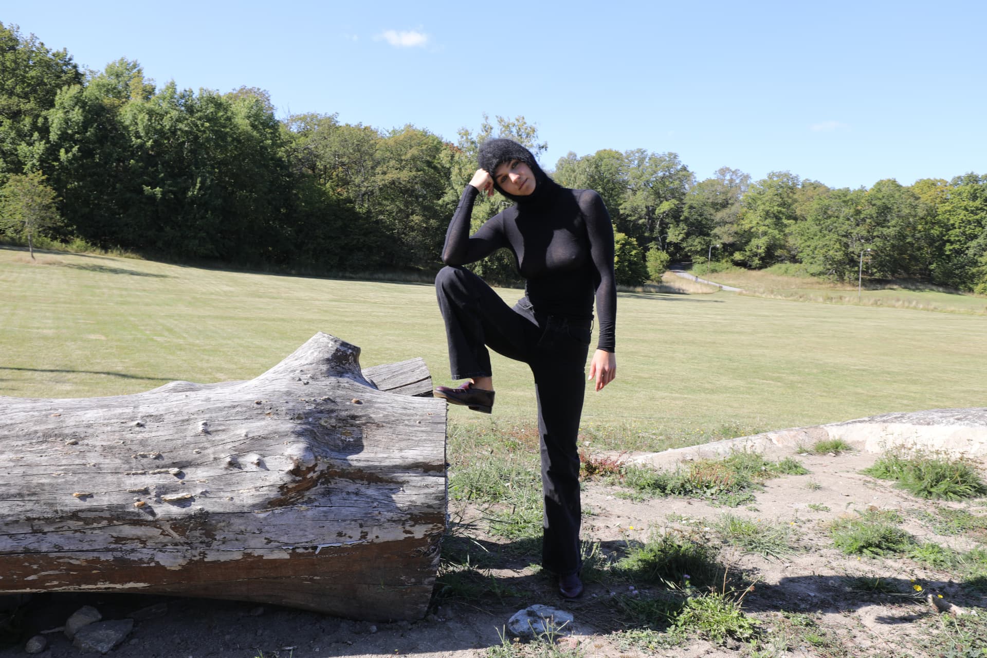 Person in black resting a foot on a large log in a sunny green field